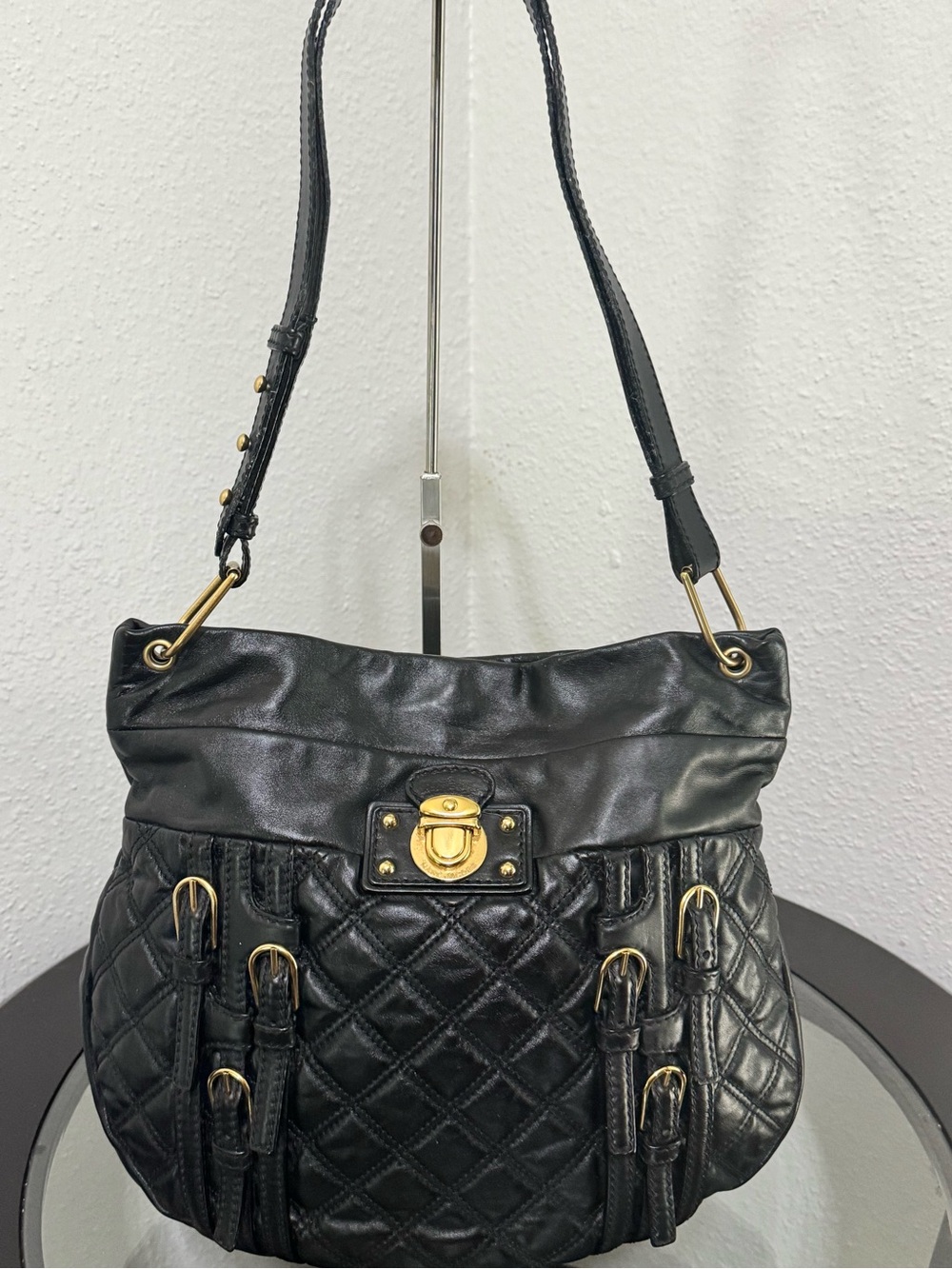 Marc Jacobs Black Quilted Leather Hobo multi buckle in gold.